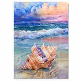 Watercolor Painting of a Multicolored Seashell on the Beach with Ocean Waves and Vibrant Sunset Sky in Coastal Style on Ready to Hang 1.5" Thick Canvas Wrap, Floating Framed Canvas, Flat Rolled Canvas