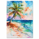 Watercolor Painting of a Vibrant Palm Tree on a Tropical Shoreline with Colorful Sky and Ocean Waves on Ready to Hang 1.5" Thick Canvas Wrap, Floating Framed Canvas, Flat Rolled Canvas