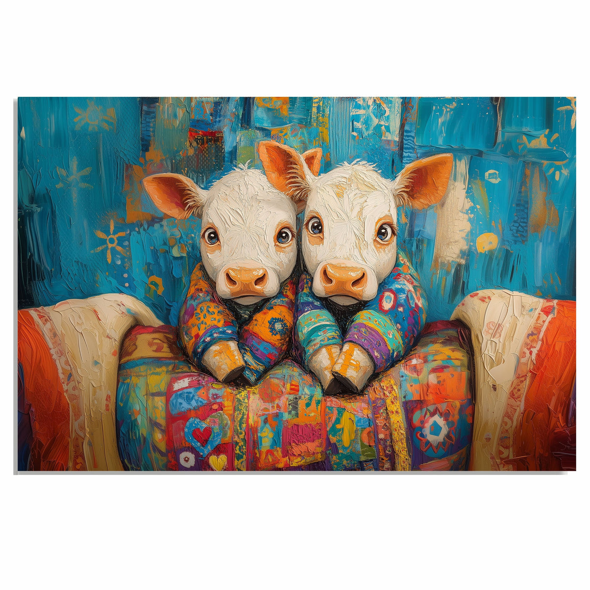Playful Painting of Two Cows in Colorful Pajamas Sitting Close Under a Patchwork Quilt with Big Eyes and a Bold Blue and Orange Abstract Background on Ready to Hang 1.5" Thick Canvas Wrap, Floating Framed Canvas, Flat Rolled Canvas