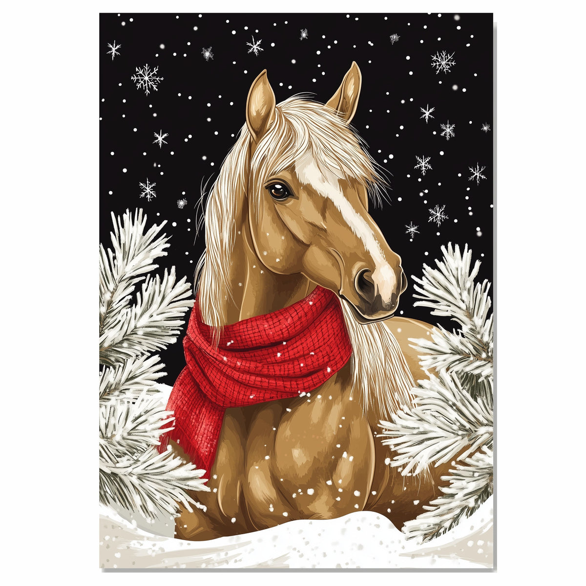 "Winter Whisper Horse" - Horse in Red Scarf in Serene Snowy Landscape on Ready to Hang 1.5" Thick Canvas Wrap, Floating Framed Canvas, Flat Rolled Canvas