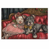 American Pit Bull Christmas Canvas - "Victorian Vibes: Posh Pit Bulls on a Couch" - Dressed in Vintage Attire on Ready to Hang 1.5" Thick Canvas Wrap, Floating Framed Canvas, Flat Rolled Canvas