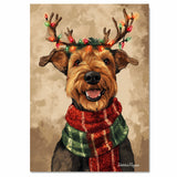 Airedale Festive Lights - 'Holiday Antlers' - Airedale Terrier in Red & Green Scarf with Christmas Light Antlers, Ready to Hang 1.5" Thick Canvas Wrap, Floating Framed Canvas, Flat Rolled Canvas