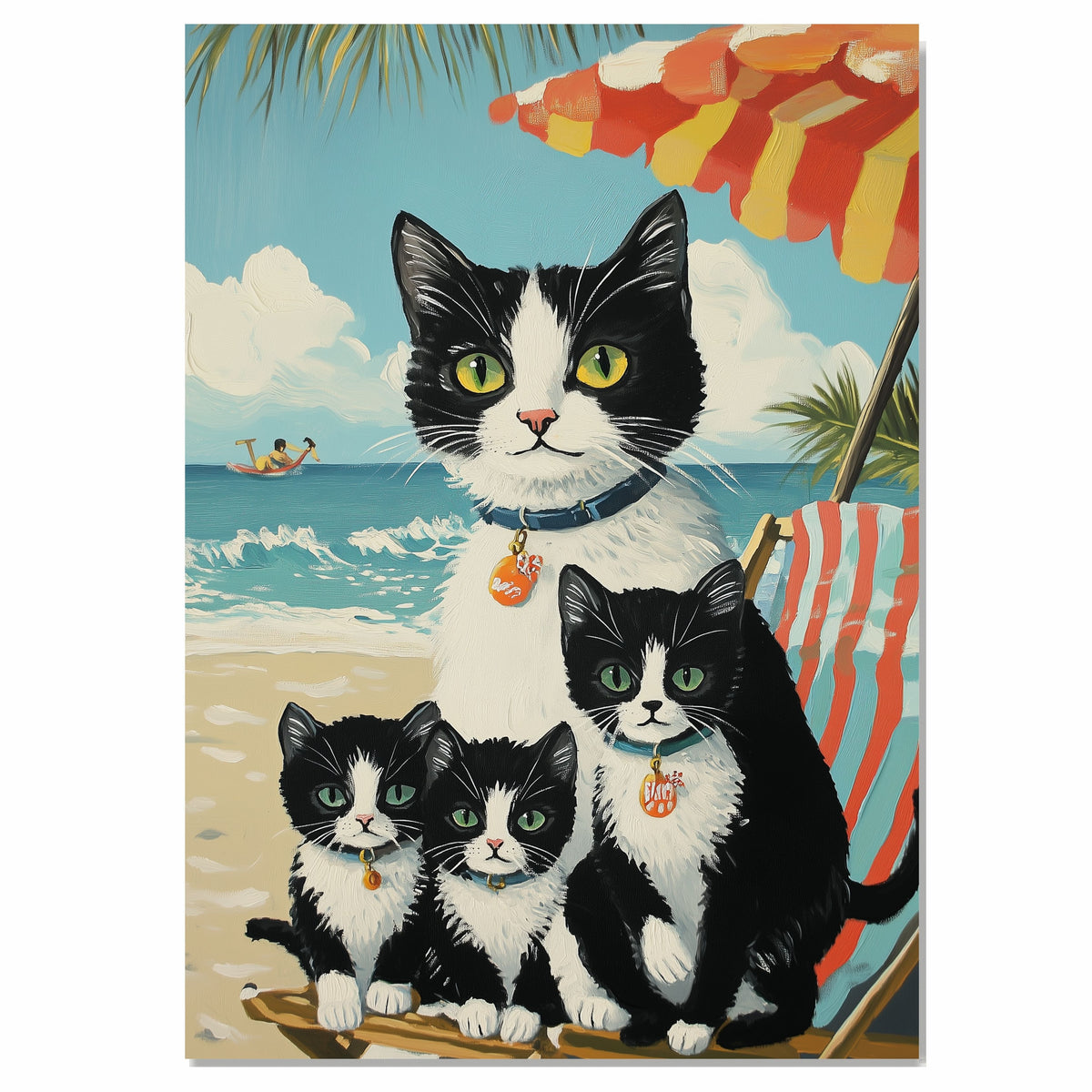 Seaside Serenity: Tuxedo Cat Mom and Three Kittens Relaxing Under a Beach Umbrella on Ready to Hang 1.5" Thick Canvas Wrap, Floating Framed Canvas, Flat Rolled Canvas