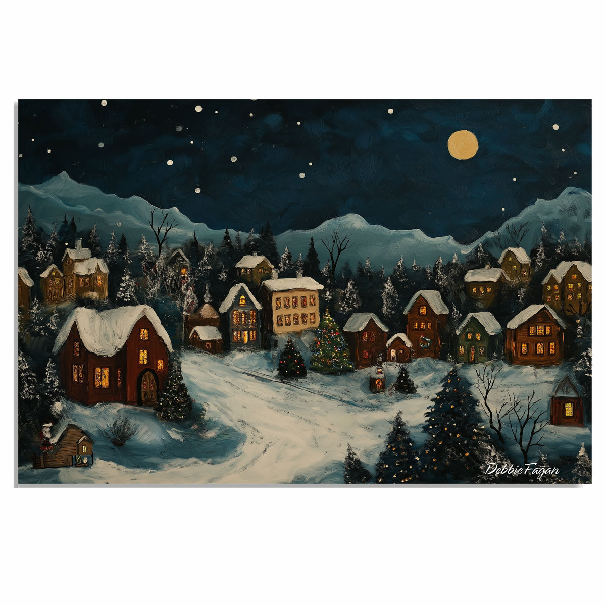 Christmas Folk Art Village at Night with Snowy Houses, Pine Trees, Twinkling Lights, and a Glowing Full Moon on Ready to Hang 1.5" Thick Canvas Wrap, Floating Framed Canvas, Flat Rolled Canvas