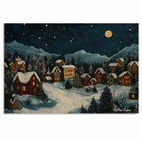 Christmas Folk Art Village at Night with Snowy Houses, Pine Trees, Twinkling Lights, and a Glowing Full Moon on Ready to Hang 1.5" Thick Canvas Wrap, Floating Framed Canvas, Flat Rolled Canvas