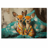 Painting of Two Adorable Deer in Colorful Pajamas Sitting Together on a Bed with Big Eyes Surrounded by Soft Pillows in a Cozy Whimsical and Playful Setting on Ready to Hang 1.5" Thick Canvas Wrap, Floating Framed Canvas, Flat Rolled Canvas