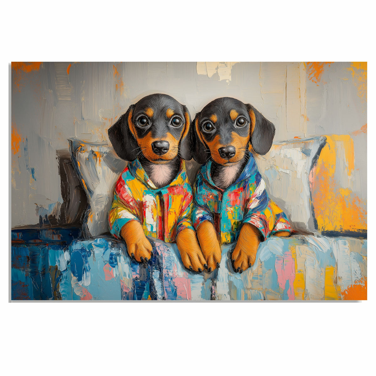 Painting of Two Cute Dachshund Puppies in Colorful Pajamas Sitting on a Bed with Big Eyes and Floppy Ears in a Whimsical Cozy Setting with Playful Brush Strokes on Ready to Hang 1.5" Thick Canvas Wrap, Floating Framed Canvas, Flat Rolled Canvas