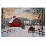 Festive Winter Scene with Red Barn, Snowy Cabin, Horse-Drawn Sleigh, Christmas Tree, and Cozy Countryside Charm on Ready to Hang 1.5" Thick Canvas Wrap, Floating Framed Canvas, Flat Rolled Canvas