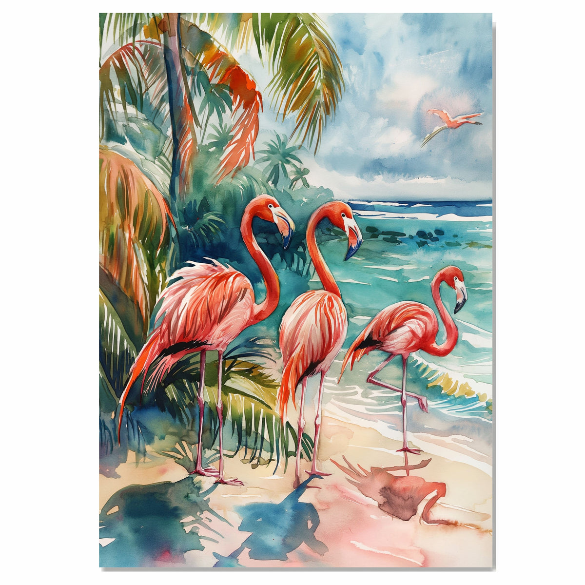 Watercolor Flamingos by Tropical Shoreline with Palm Leaves and Ocean Waves in Coastal Beach Art Print on Ready to Hang 1.5" Thick Canvas Wrap, Floating Framed Canvas, Flat Rolled Canvas