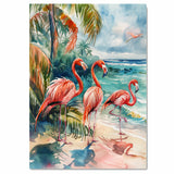 Watercolor Flamingos by Tropical Shoreline with Palm Leaves and Ocean Waves in Coastal Beach Art Print on Ready to Hang 1.5" Thick Canvas Wrap, Floating Framed Canvas, Flat Rolled Canvas