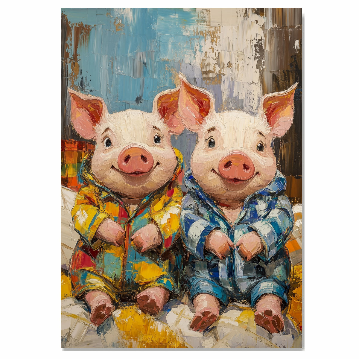 Playful Painting of Two Cute Piglets in Colorful Pajamas Sitting Side by Side with Happy Expressions in a Bold Textured Style on Ready to Hang 1.5" Thick Canvas Wrap, Floating Framed Canvas, Flat Rolled Canvas