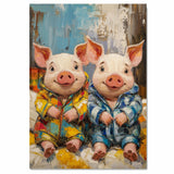 Playful Painting of Two Cute Piglets in Colorful Pajamas Sitting Side by Side with Happy Expressions in a Bold Textured Style on Ready to Hang 1.5" Thick Canvas Wrap, Floating Framed Canvas, Flat Rolled Canvas