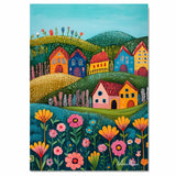 Whimsical Folk Art Canvas – Colorful Houses and Flowers on Rolling Hills in a Cheerful Landscape on Ready to Hang 1.5" Thick Canvas Wrap, Floating Framed Canvas, Flat Rolled Canvas