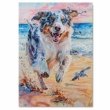 Vibrant Watercolor Painting of Fluffy Dog Running by the Ocean with Splashes and Seagulls in a Colorful Beach Scene on Ready to Hang 1.5" Thick Canvas Wrap, Floating Framed Canvas, Flat Rolled Canvas