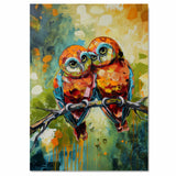 Textured Owl Pair Artwork Featuring Bright Orange Red and Blue Tones with Expressive Eyes on a Branch Against a Bold Green Yellow and Teal Abstract Background on Ready to Hang 1.5" Thick Canvas Wrap, Floating Framed Canvas, Flat Rolled Canvas