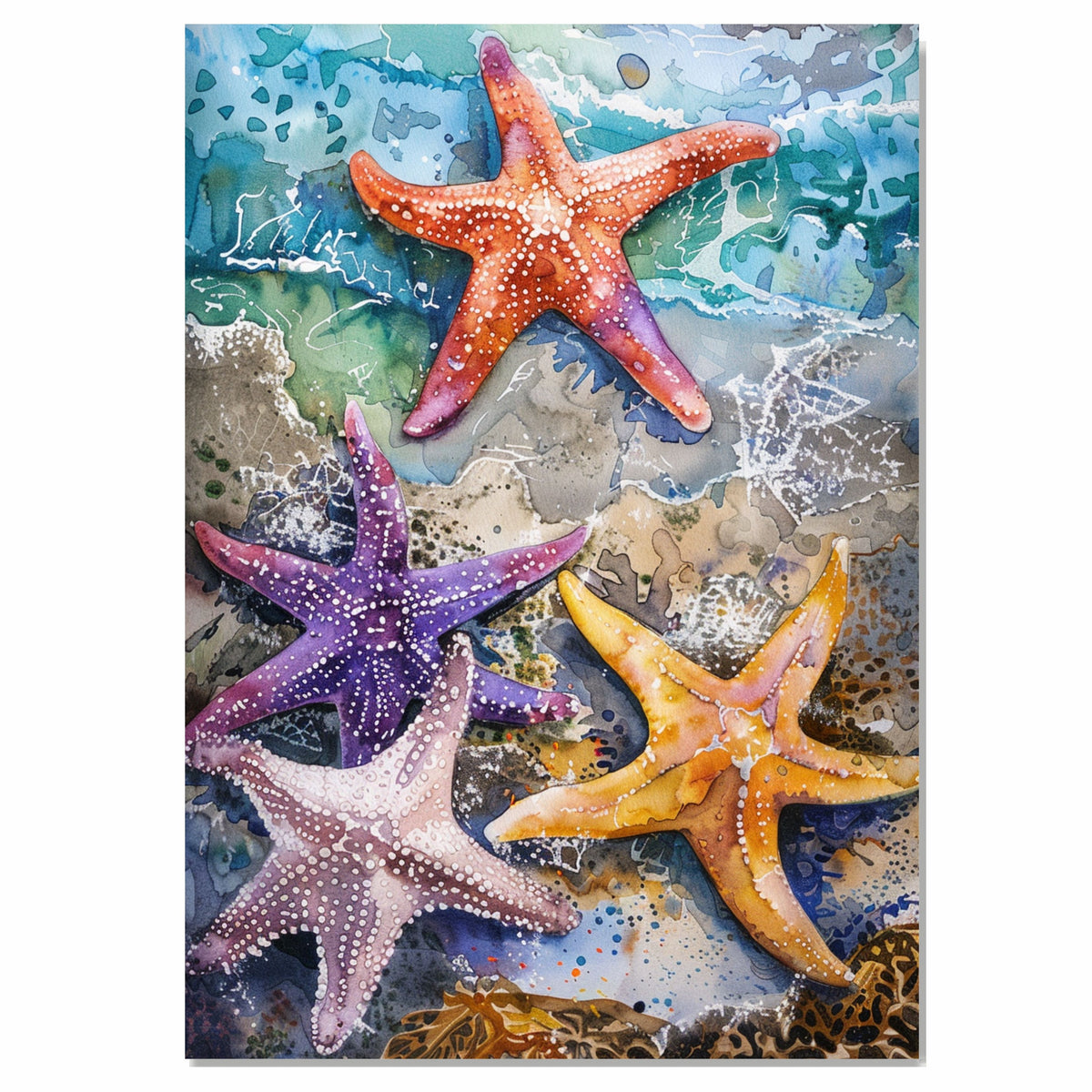 Watercolor Painting of Multicolored Starfish in a Tide Pool by Debbie Afagan in Vibrant Coastal Colors on Ready to Hang 1.5" Thick Canvas Wrap, Floating Framed Canvas, Flat Rolled Canvas