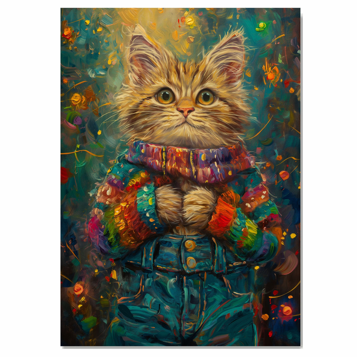 Christmas Kitten in Rainbow Sweater Adorable Holiday Cat Painting Festive Winter Scene Perfect for Cozy Home Office Seasonal Decoration or Christmas Gift on Ready to Hang 1.5" Thick Canvas Wrap, Floating Framed Canvas, Flat Rolled Canvas