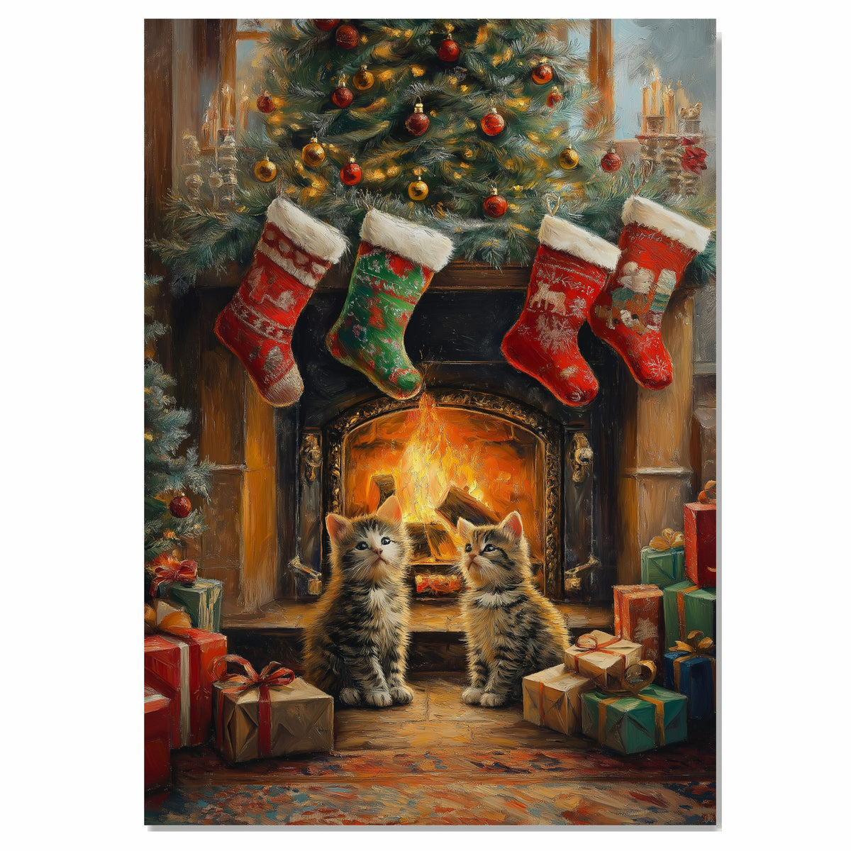 Adorable Christmas Kittens Sitting by Fireplace with Stockings and Tree Festive Holiday Scene Perfect for Home Winter Decor and Seasonal Gift on Ready to Hang 1.5" Thick Canvas Wrap, Floating Framed Canvas, Flat Rolled Canvas