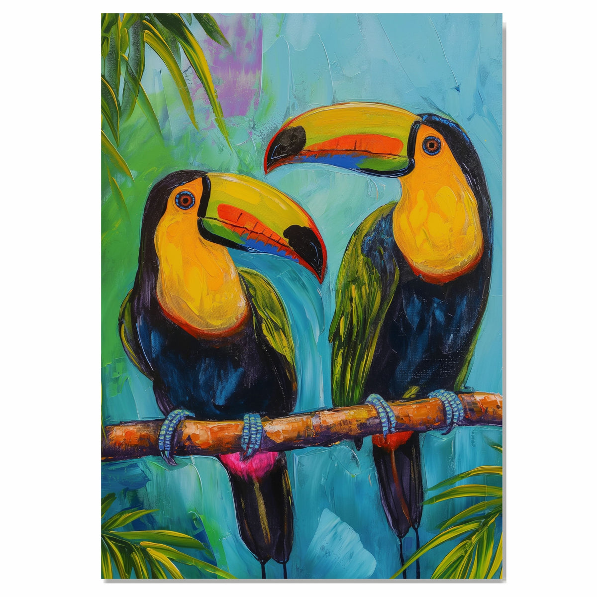 Vibrant Toucan Pair with Colorful Beaks on Tropical Branch Amid Palm Leaves and Bright Blue Jungle Sky Background in Lively Wildlife Art on Ready to Hang 1.5" Thick Canvas Wrap, Floating Framed Canvas, Flat Rolled Canvas