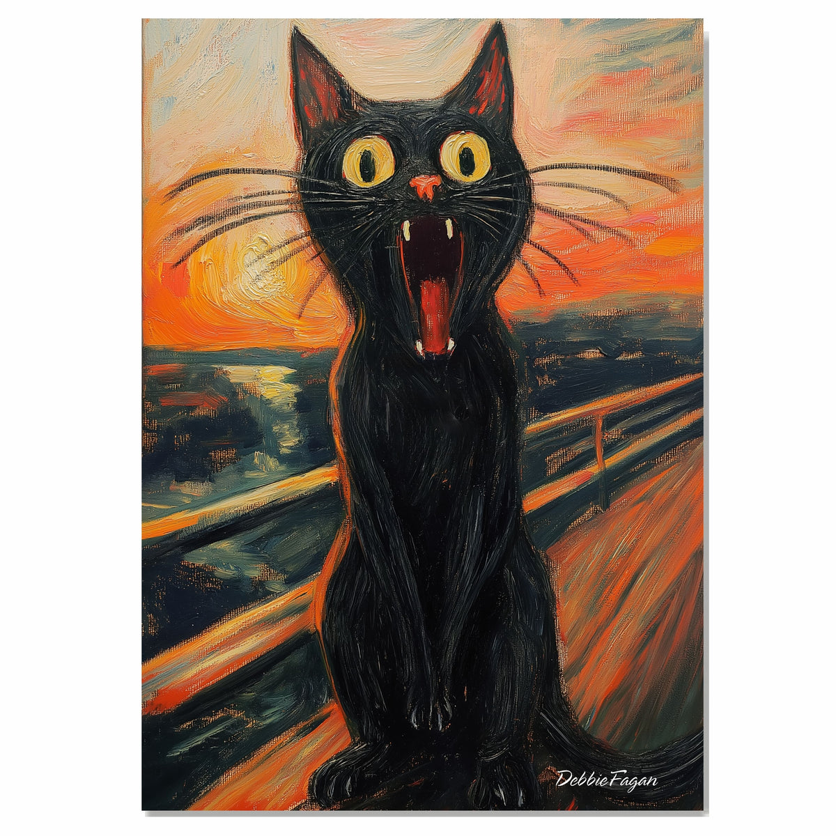 Dramatic Black Cat Screaming on Canvas – Bold Sunset Scene in Expressionist-Inspired Brushstrokes on Ready to Hang 1.5" Thick Canvas Wrap, Floating Framed Canvas, Flat Rolled Canvas