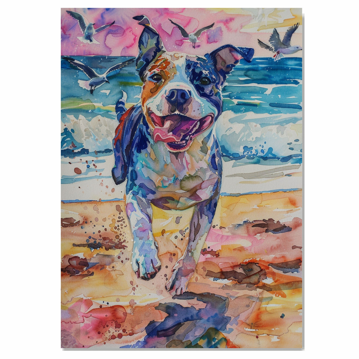 Vibrant Watercolor Dog Running on Beach with Ocean Waves and Birds in Playful Coastal Scene for Pet and Animal Art Lovers on Ready to Hang 1.5" Thick Canvas Wrap, Floating Framed Canvas, Flat Rolled Canvas