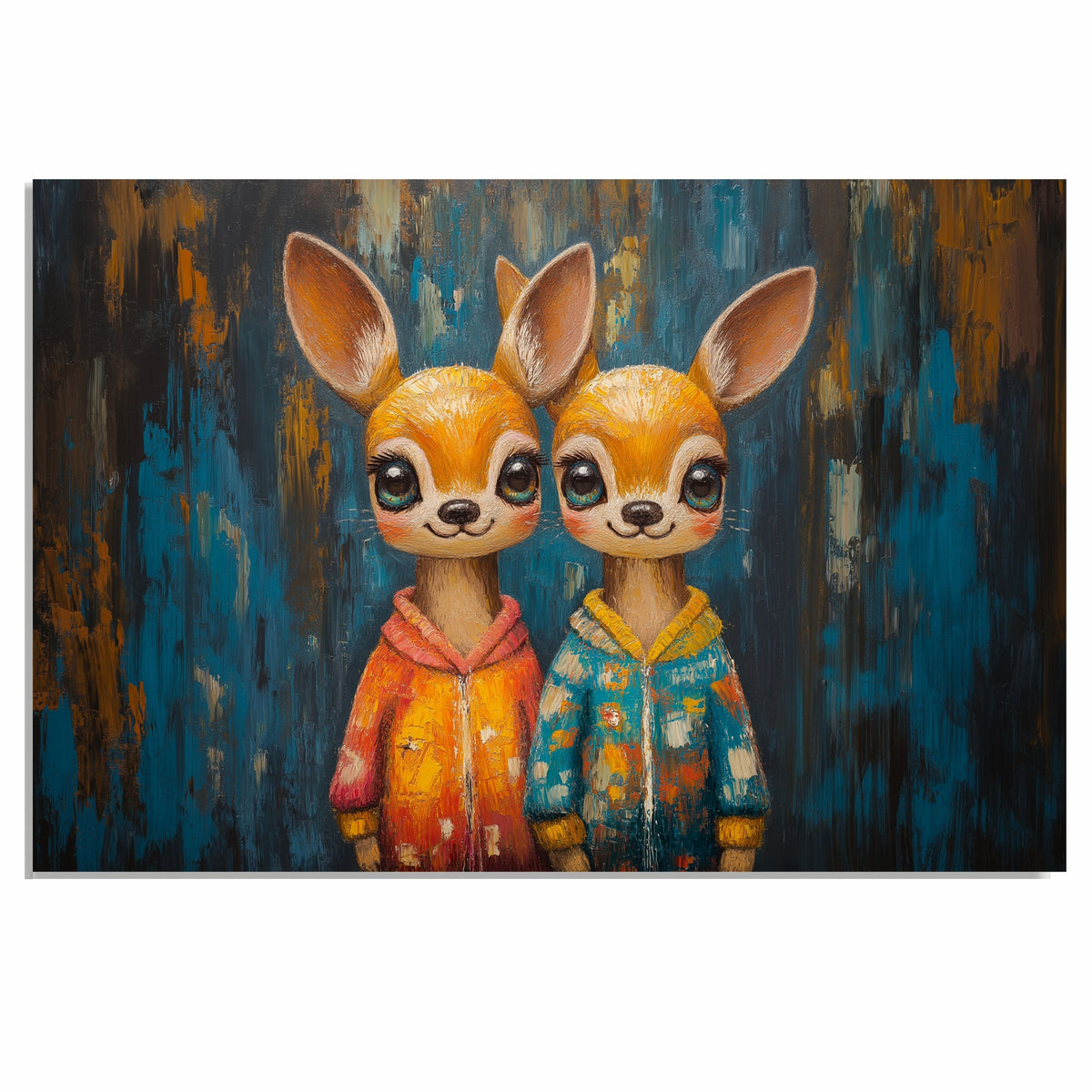 Painting of Two Cute Deer in Colorful Pajamas Standing Side by Side with Big Eyes and Smiling Faces in a Whimsical Setting with Bold Brush Strokes and Playful Colors on Ready to Hang 1.5" Thick Canvas Wrap, Floating Framed Canvas, Flat Rolled Canvas