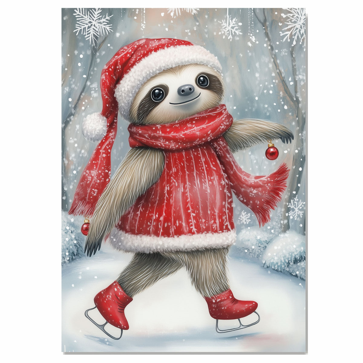 Christmas Sloth Ice Skating Art Print – Whimsical Red Sweater & Ornament Illustration, Holiday Winter Nursery Wall Decor, Cozy Woodland Animal Canvas on Ready to Hang 1.5" Thick Canvas Wrap, Floating Framed Canvas, Flat Rolled Canvas