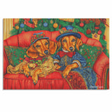 Wiener Christmas Canvas  - "Dachshund Serenity" - Elegant Doxie Dogs Lounging on a Vintage Red Ornate Sofa on Ready to Hang 1.5" Thick Canvas Wrap, Floating Framed Canvas, Flat Rolled Canvas