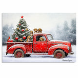 Dog Christmas Canvas - "Puppy Parade" - Vizsla Puppies in a Vintage Red Truck with Christmas Tree on Ready to Hang 1.5" Thick Canvas Wrap, Floating Framed Canvas, Flat Rolled Canvas