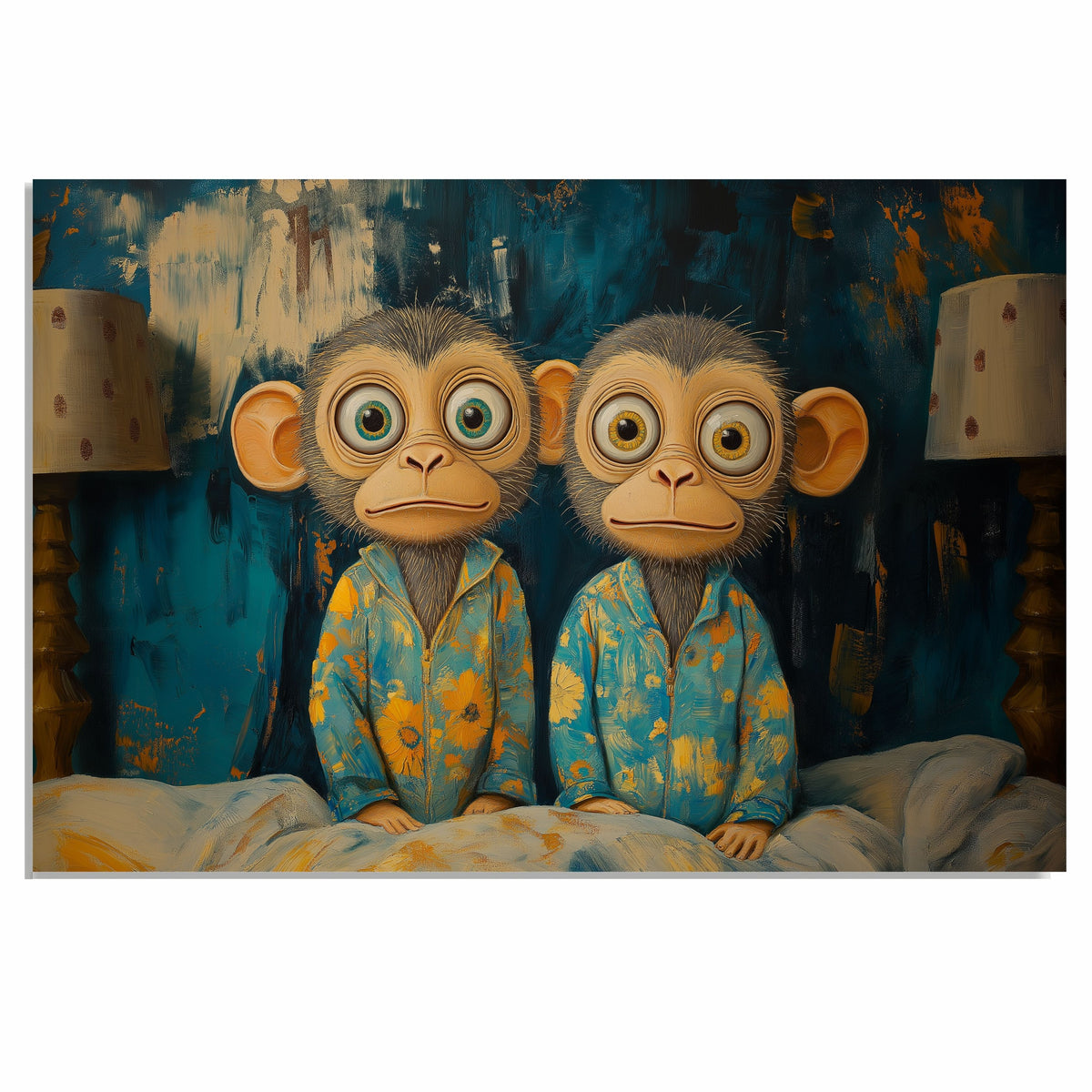 Whimsical Painting of Two Monkeys in Blue Floral Pajamas Sitting on a Bed Between Lamps with Playful Expressions and a Dark Teal Abstract Background on Ready to Hang 1.5" Thick Canvas Wrap, Floating Framed Canvas, Flat Rolled Canvas