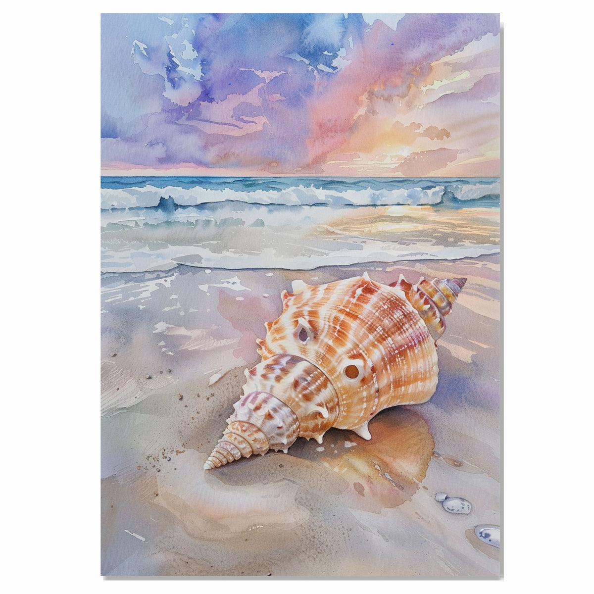 Watercolor Painting of a Multicolored Conch Shell on the Shore with Ocean Waves and Pastel Sunset Sky on Ready to Hang 1.5" Thick Canvas Wrap, Floating Framed Canvas, Flat Rolled Canvas