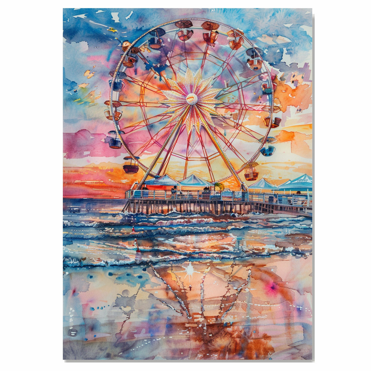 Watercolor Painting of a Ferris Wheel on a Pier at Sunset with Ocean Reflections and Vibrant Sky in Coastal Theme on Ready to Hang 1.5" Thick Canvas Wrap, Floating Framed Canvas, Flat Rolled Canvas
