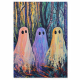 Three Colorful Ghosts in a Vibrant Abstract Forest, Spooky Yet Playful Halloween-Inspired Scene with Bold Brushstrokes and Bright Neon Paint Textures on Ready to Hang 1.5" Thick Canvas Wrap, Floating Framed Canvas, Flat Rolled Canvas