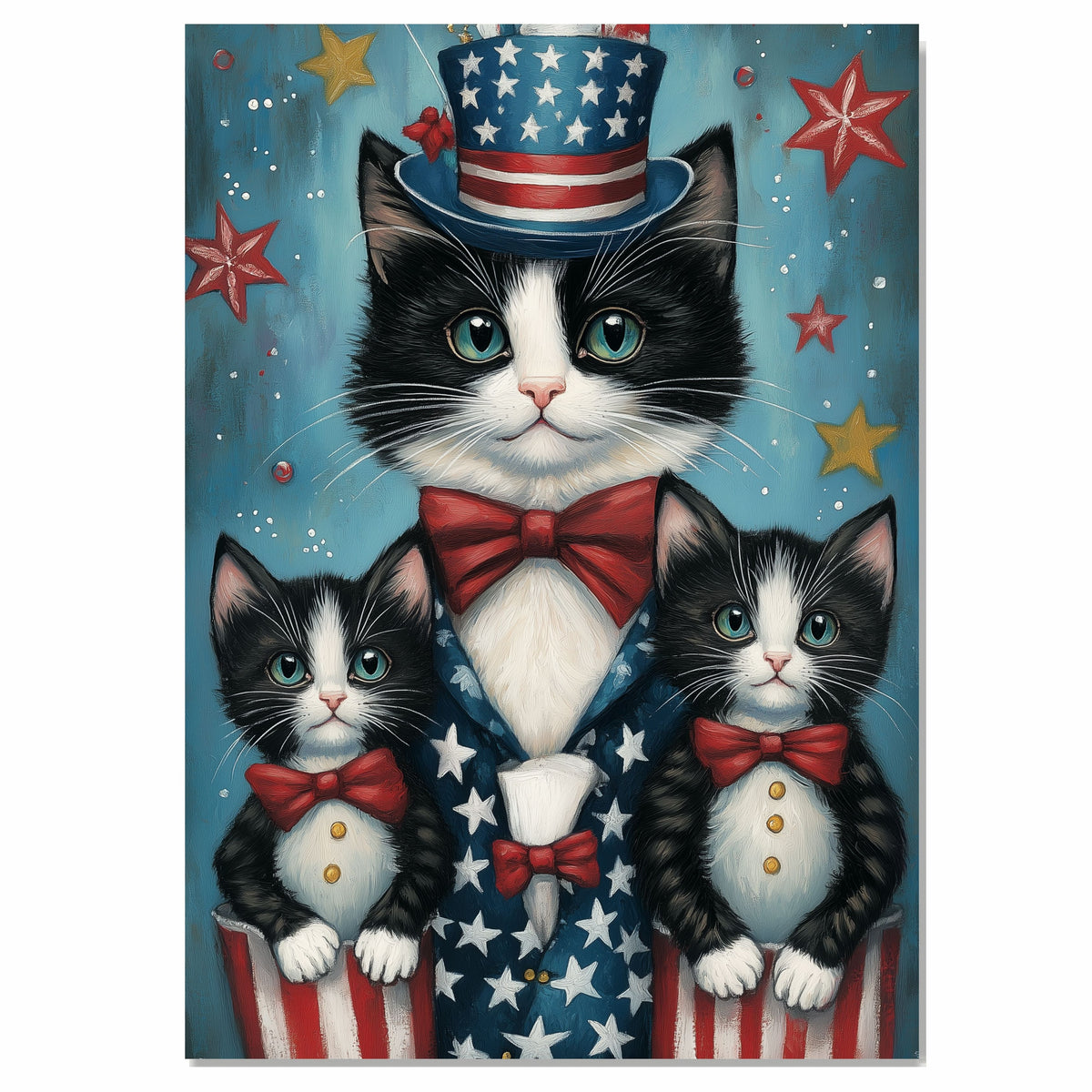 Stars, Stripes & Whiskers: Tuxedo Cat Mom with Two Kittens in a Patriotic Setting - American-Themed Painting on Ready to Hang 1.5" Thick Canvas Wrap, Floating Framed Canvas, Flat Rolled Canvas