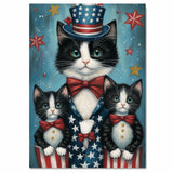 Stars, Stripes & Whiskers: Tuxedo Cat Mom with Two Kittens in a Patriotic Setting - American-Themed Painting on Ready to Hang 1.5" Thick Canvas Wrap, Floating Framed Canvas, Flat Rolled Canvas