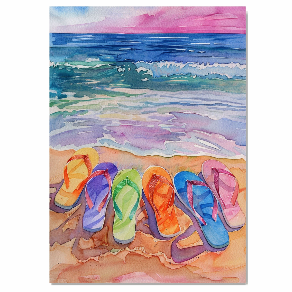 Watercolor Art of Six Vibrant Flip-Flops on Sandy Beach with Ocean Waves and Colorful Sunset Sky in Coastal Summer Style on Ready to Hang 1.5" Thick Canvas Wrap, Floating Framed Canvas, Flat Rolled Canvas