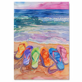 Watercolor Art of Six Vibrant Flip-Flops on Sandy Beach with Ocean Waves and Colorful Sunset Sky in Coastal Summer Style on Ready to Hang 1.5" Thick Canvas Wrap, Floating Framed Canvas, Flat Rolled Canvas