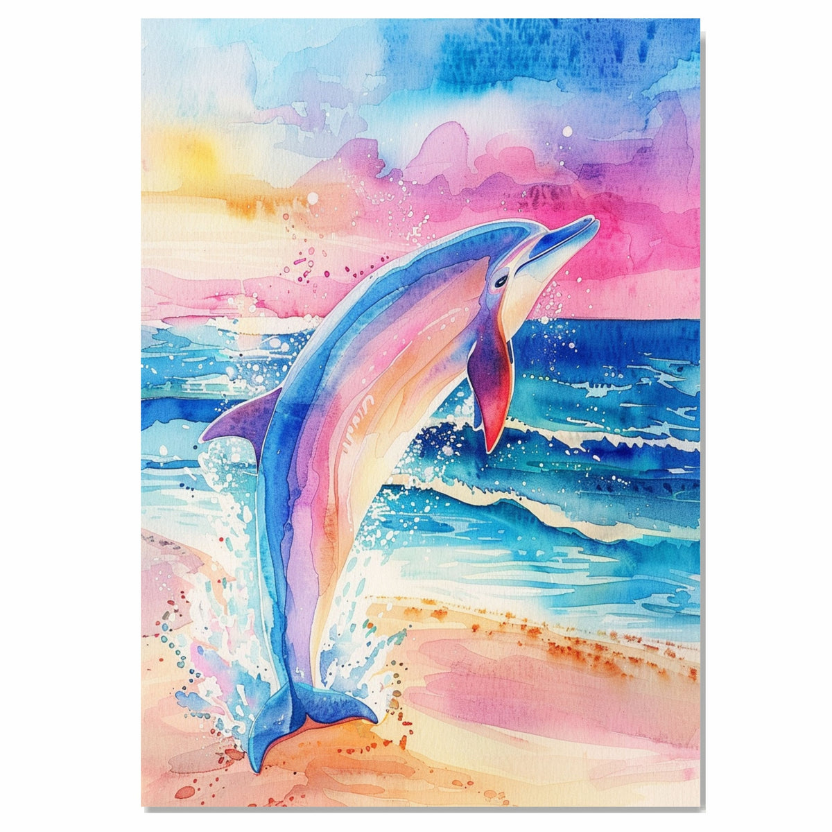 Watercolor Painting of Colorful Dolphin Leaping from Ocean Waves at Sunset with Splashing Water and Vibrant Sky in Pastel Tones on Ready to Hang 1.5" Thick Canvas Wrap, Floating Framed Canvas, Flat Rolled Canvas