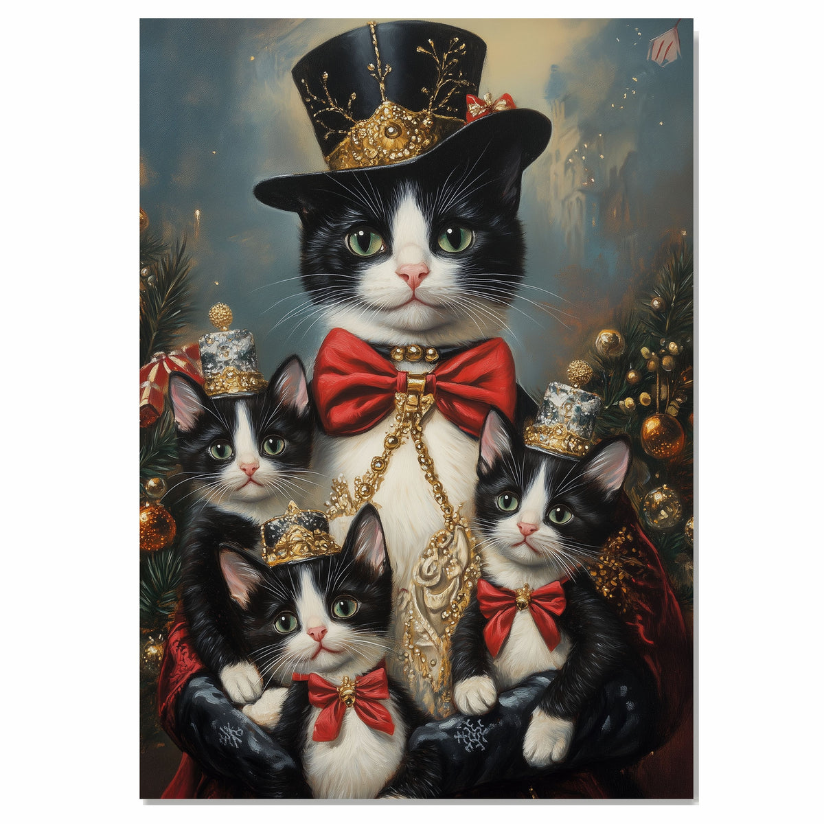 Regal Yuletide Charm: Tuxedo Cat Mom and Kittens in Elegant Holiday Attire on Ready to Hang 1.5" Thick Canvas Wrap, Floating Framed Canvas, Flat Rolled Canvas