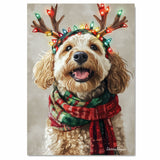 Rustic Joy' - Bernedoodle Dog with Lighted Antlers & Cozy Scarf on Rustic Canvas, Ready to Hang 1.5" Thick Canvas Wrap, Floating Framed Canvas, Flat Rolled Canvas