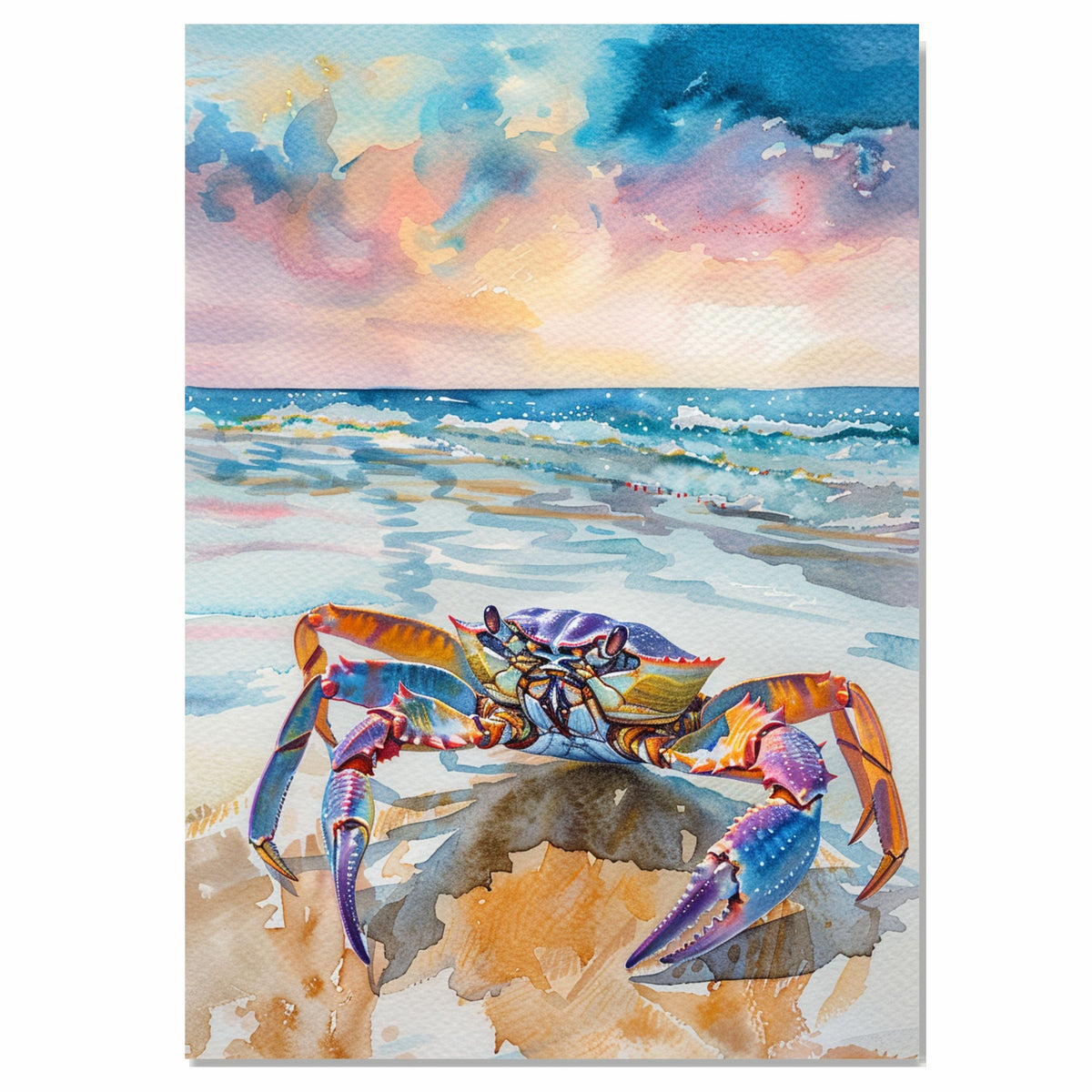 Vibrant Watercolor Crab Painting – Colorful Beach Crab with Sunset Sky and Ocean Waves Coastal Wall Art Print on Ready to Hang 1.5" Thick Canvas Wrap, Floating Framed Canvas, Flat Rolled Canvas