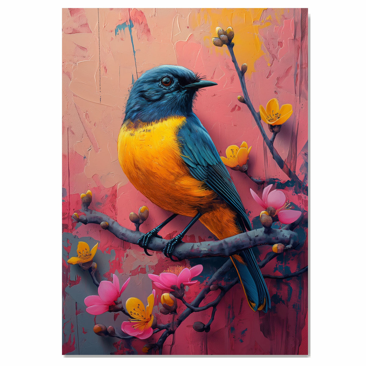 Golden Yellow and Blue Songbird on a Flowering Branch with Pink and Coral Abstract Background on Ready to Hang 1.5" Thick Canvas Wrap, Floating Framed Canvas, Flat Rolled Canvas