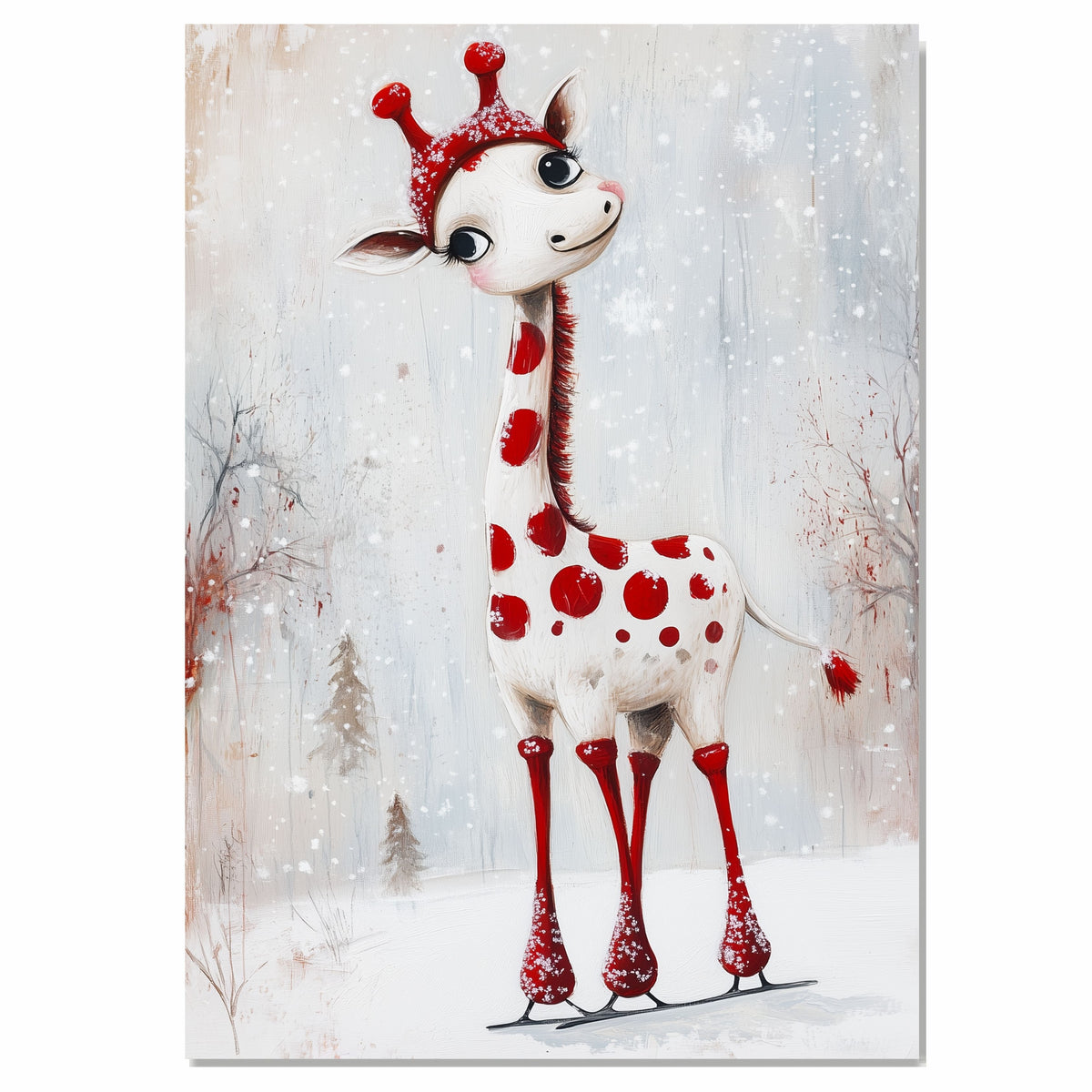 Whimsical Christmas Giraffe Ice Skating with Red Polka Dots and Snowy Antler Hat – Playful Holiday Animal Illustration Perfect for Seasonal Decor or Gifts on Ready to Hang 1.5" Thick Canvas Wrap, Floating Framed Canvas, Flat Rolled Canvas