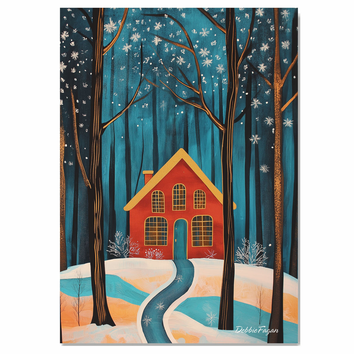 Red House in Snowy Forest with Golden Windows and Winding Path Beneath Falling Snowflakes and Starry Winter Sky on Ready to Hang 1.5" Thick Canvas Wrap, Floating Framed Canvas, Flat Rolled Canvas