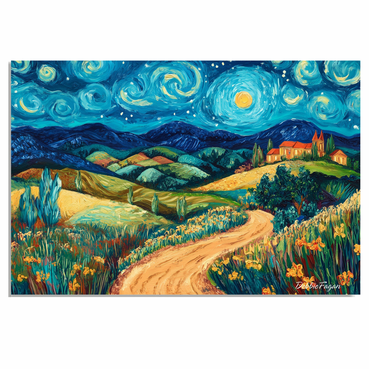 Starry Night-Inspired Folk Art Landscape with Rolling Hills, Bright Moon, and a Peaceful Countryside Village on Ready to Hang 1.5" Thick Canvas Wrap, Floating Framed Canvas, Flat Rolled Canvas
