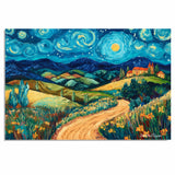 Starry Night-Inspired Folk Art Landscape with Rolling Hills, Bright Moon, and a Peaceful Countryside Village on Ready to Hang 1.5" Thick Canvas Wrap, Floating Framed Canvas, Flat Rolled Canvas