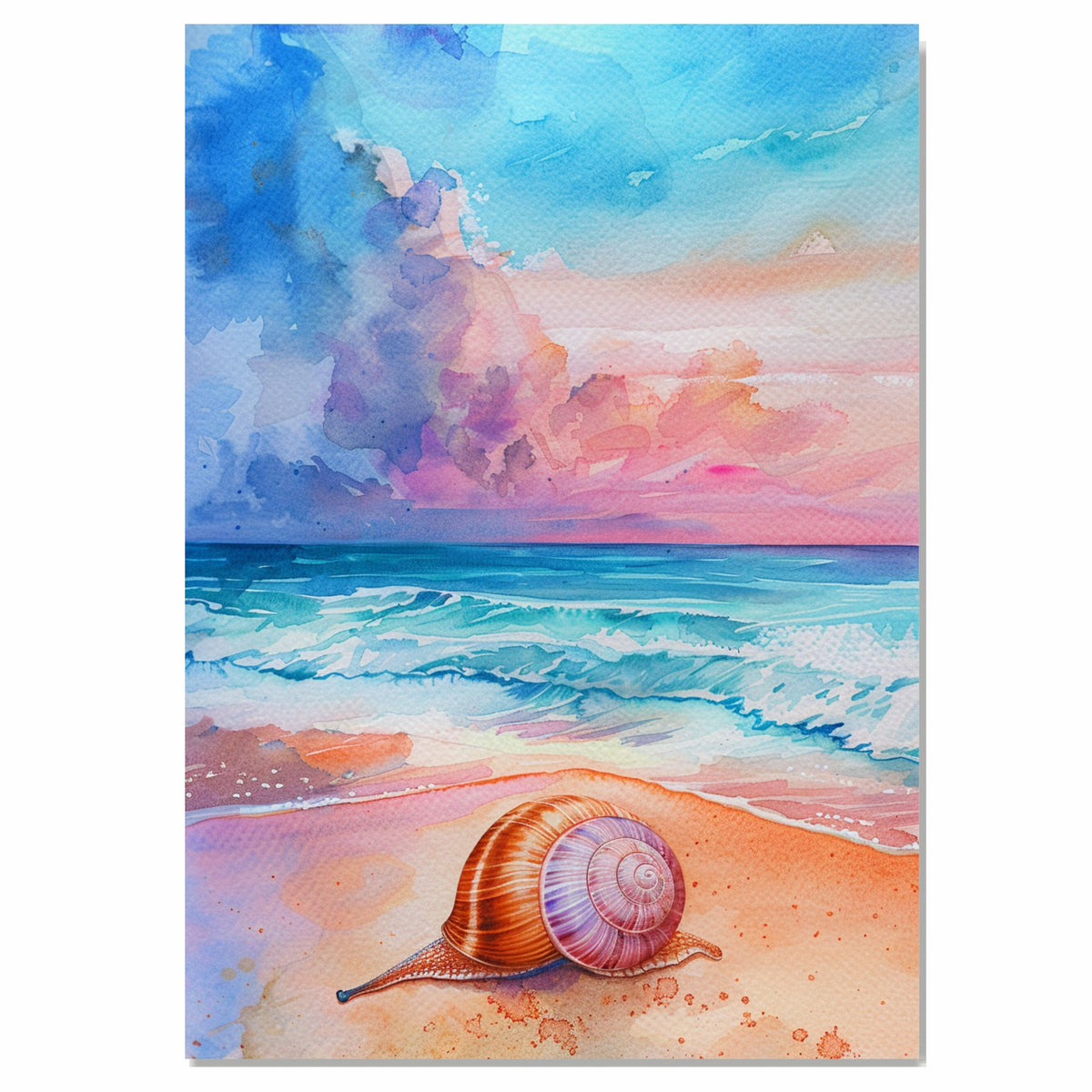 Watercolor Painting of a Multicolored Snail on a Sandy Beach with Ocean Waves and Vibrant Pastel Sky in Coastal Style on Ready to Hang 1.5" Thick Canvas Wrap, Floating Framed Canvas, Flat Rolled Canvas