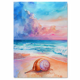 Watercolor Painting of a Multicolored Snail on a Sandy Beach with Ocean Waves and Vibrant Pastel Sky in Coastal Style on Ready to Hang 1.5" Thick Canvas Wrap, Floating Framed Canvas, Flat Rolled Canvas