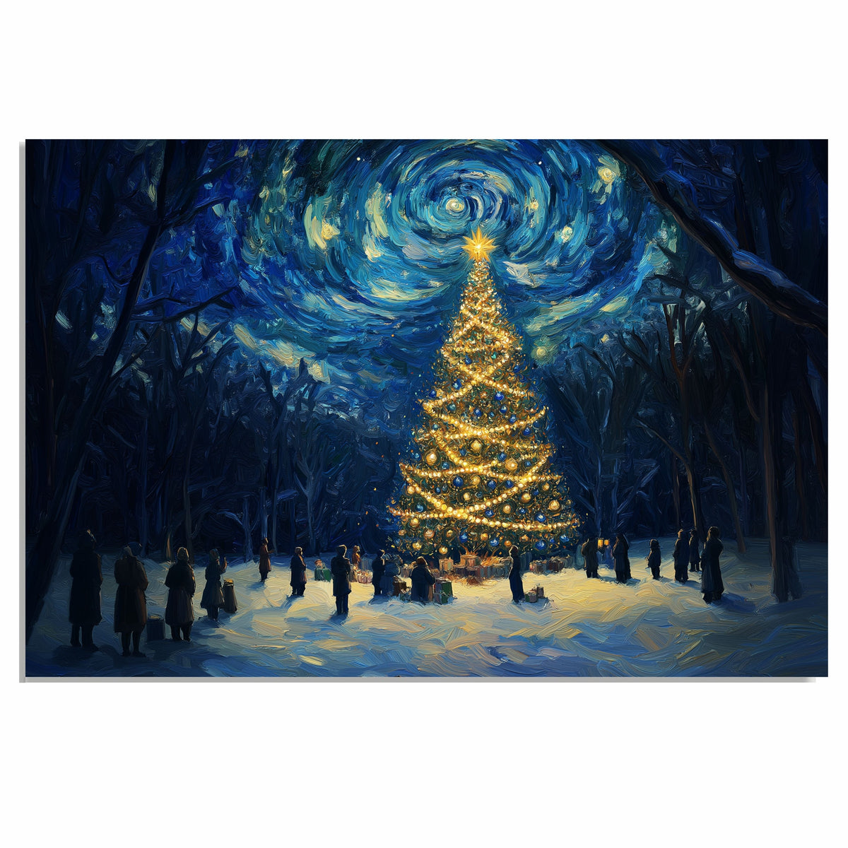 Magical Christmas Scene with Glowing Tree and Swirling Starry Sky, Winter Night Celebration with People in a Snowy Forest Surrounded by Gifts and Light on Ready to Hang 1.5" Thick Canvas Wrap, Floating Framed Canvas, Flat Rolled Canvas