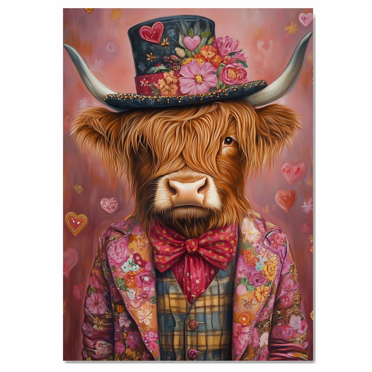 Regal Charm: Highland Cattle in a Victorian-Era European Suit and Hat Whimsical Heartfelt Artwork on Ready to Hang 1.5" Thick Canvas Wrap, Floating Framed Canvas, Flat Rolled Canvas
